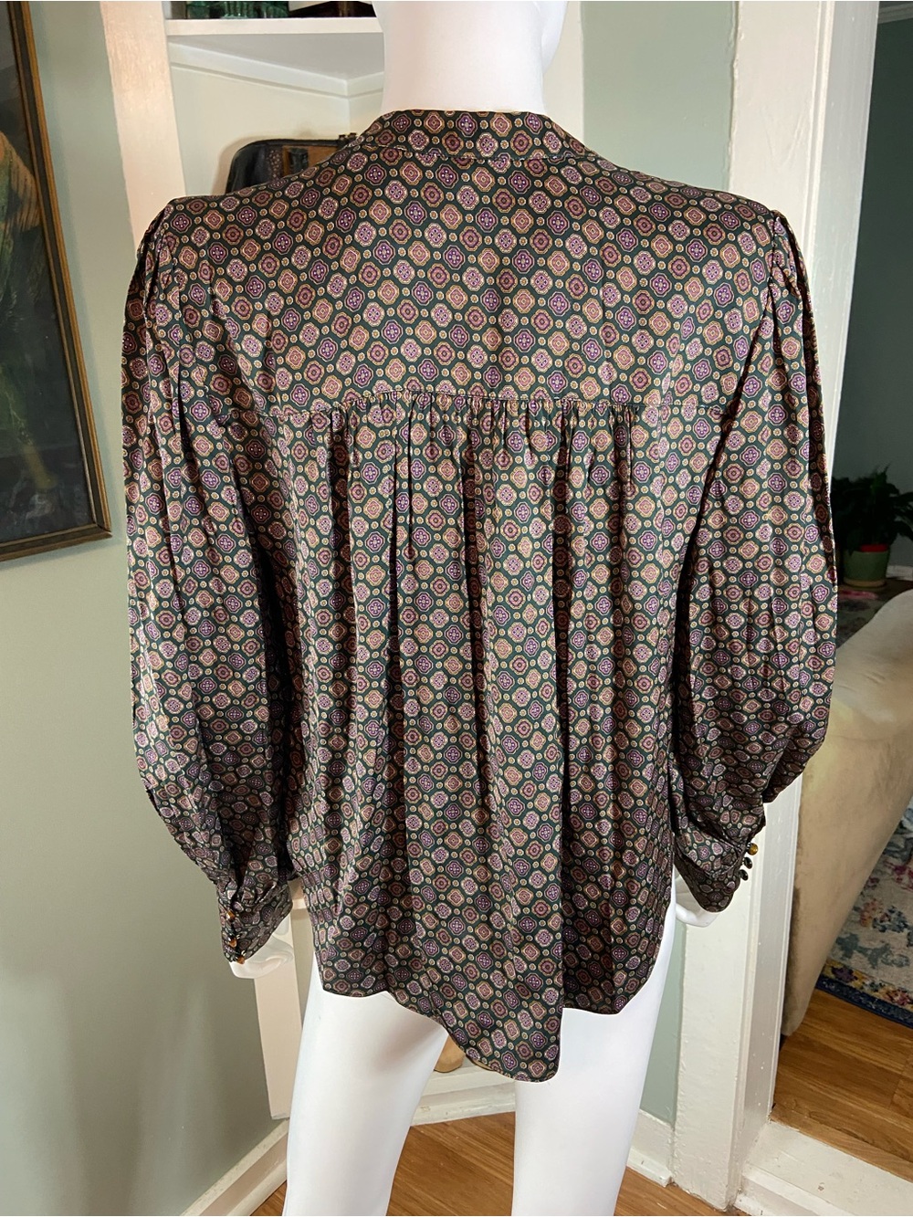 NWT Veronica Beard Esmeralda Silk Blend Geometric Pine Button-Down Blouse [TE] - Picture 8 of 13